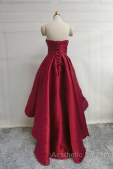 Wine Red Pretty High Low Party Dresses, Wine Red Homecoming Dresses, Lace-Up Junior Evening Prom Dresses